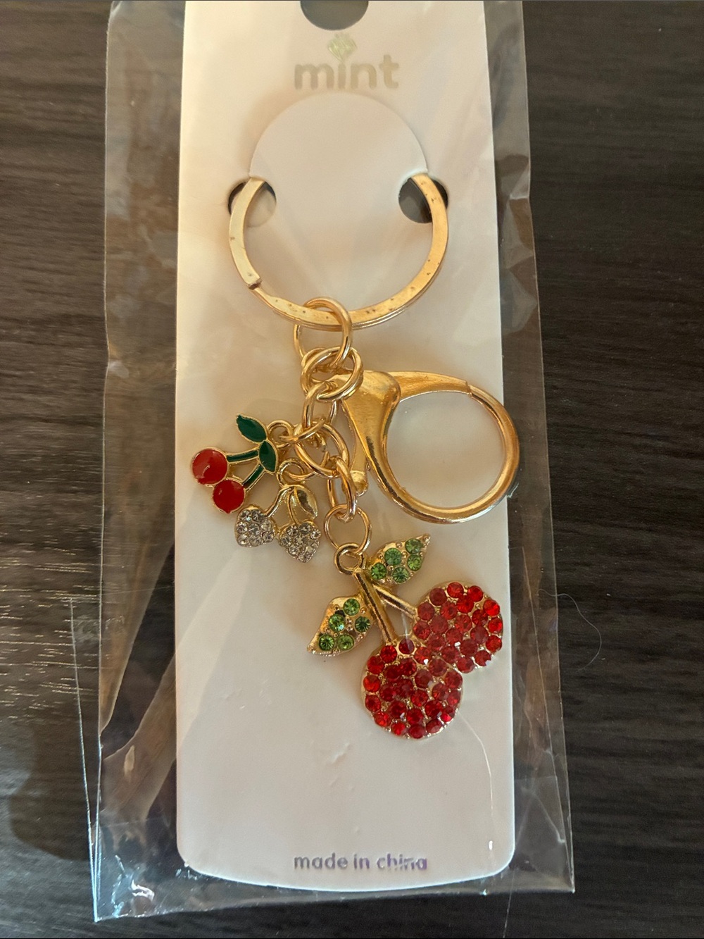 Gold Cherry Crystal Keychain Rhinestone Charm Bag Clip Red Green - Picture 5 of 5